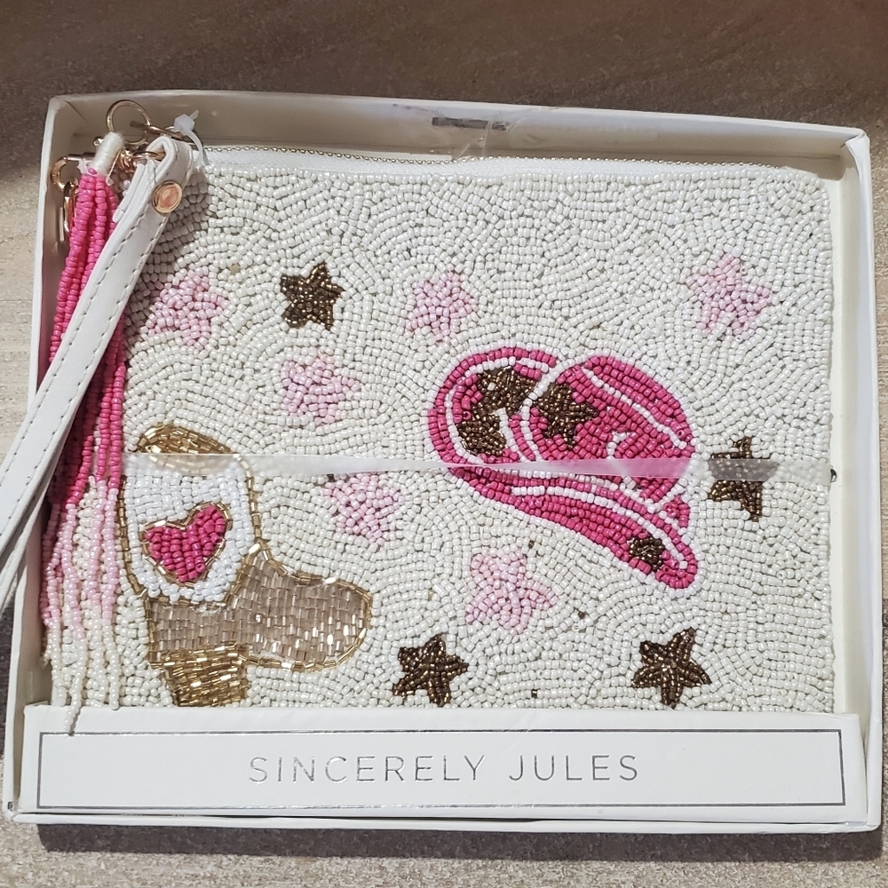 SINCERELY JULES NWT WRISTLET. BEADED. WESTERN COWBOY STAR. CREAM PINK GOLD